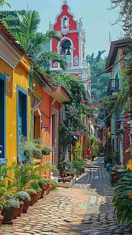 A cobbled lane in Goa's Latin Quarter, yellow and ochre houses under a red church tower
